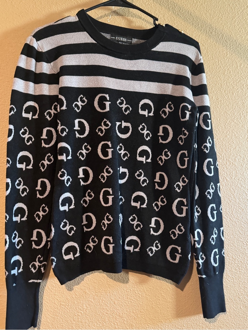 GUESS Black & Grey Logo Stripe Crewneck Sweater